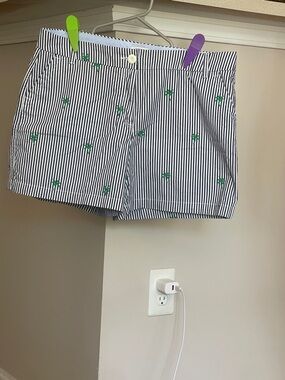 Striped Embroidered Palm Tree Shorts - Navy & White with Green Embroidery